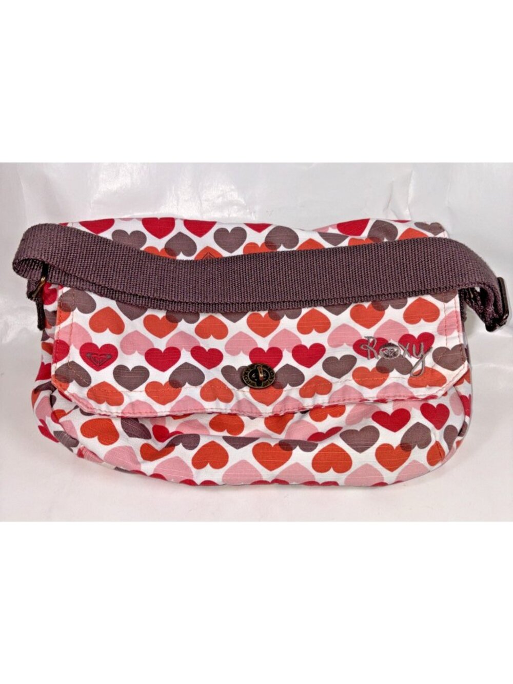 Roxy Active Canvas Shoulder Bag Love Heart Brown Pink Red 100% Cotton